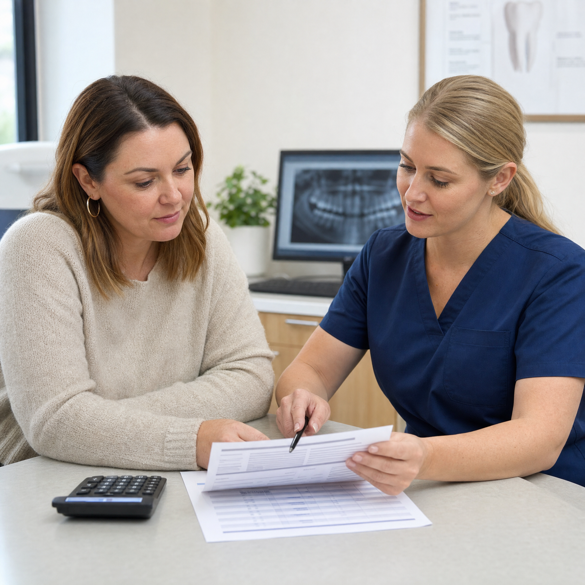 Patient reviewing a dental treatment estimate and instalment schedule with a dental professional